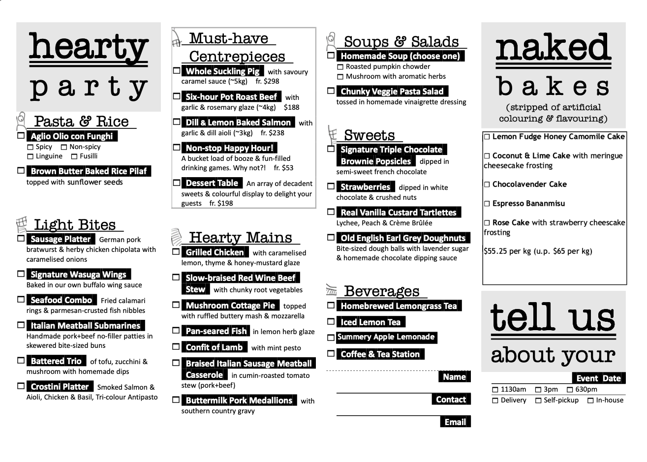 Simple printed catering menu