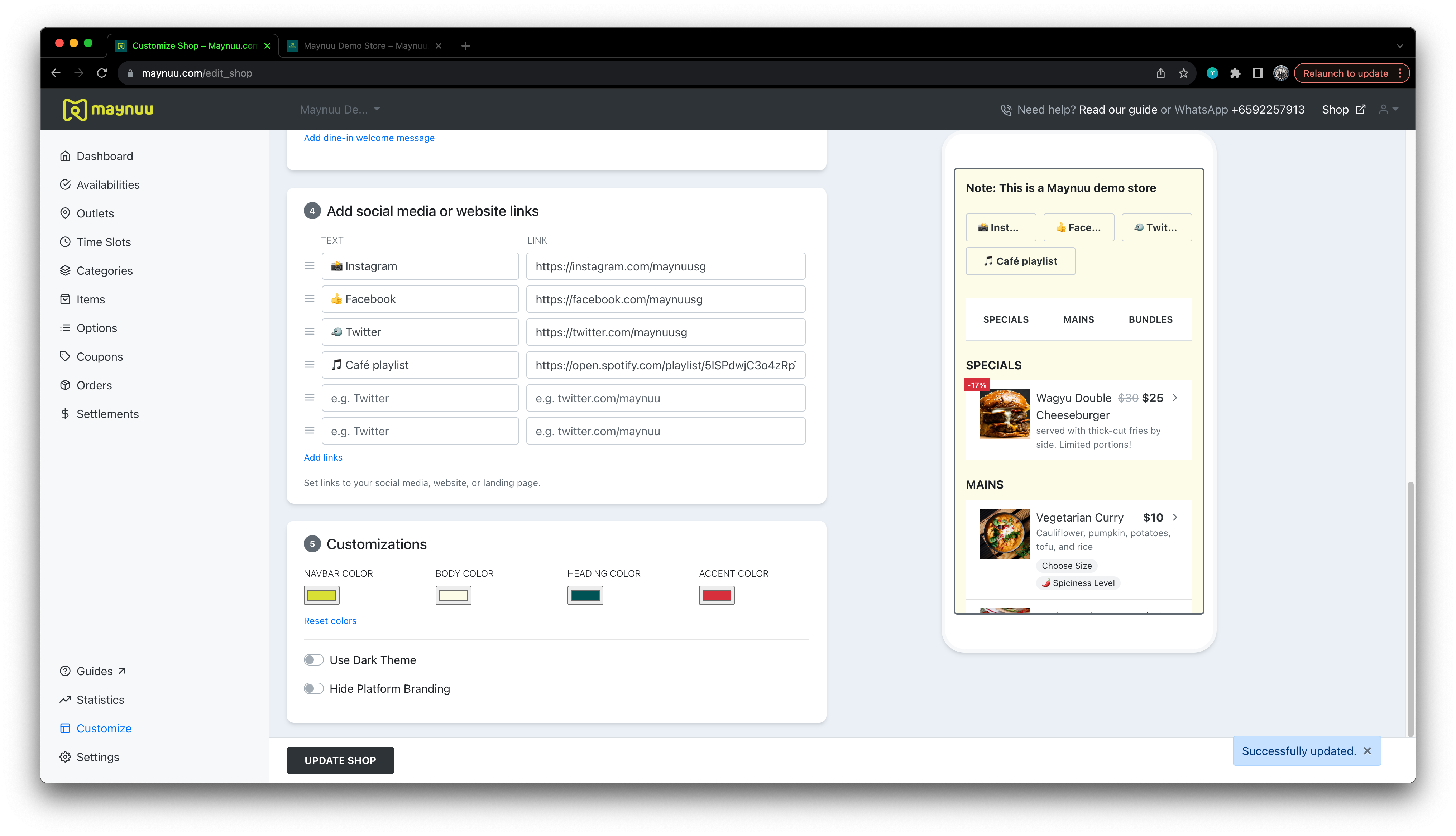 Maynuu Edit Shop: add social media or website links, customize navbar, body, heading, and accent colors