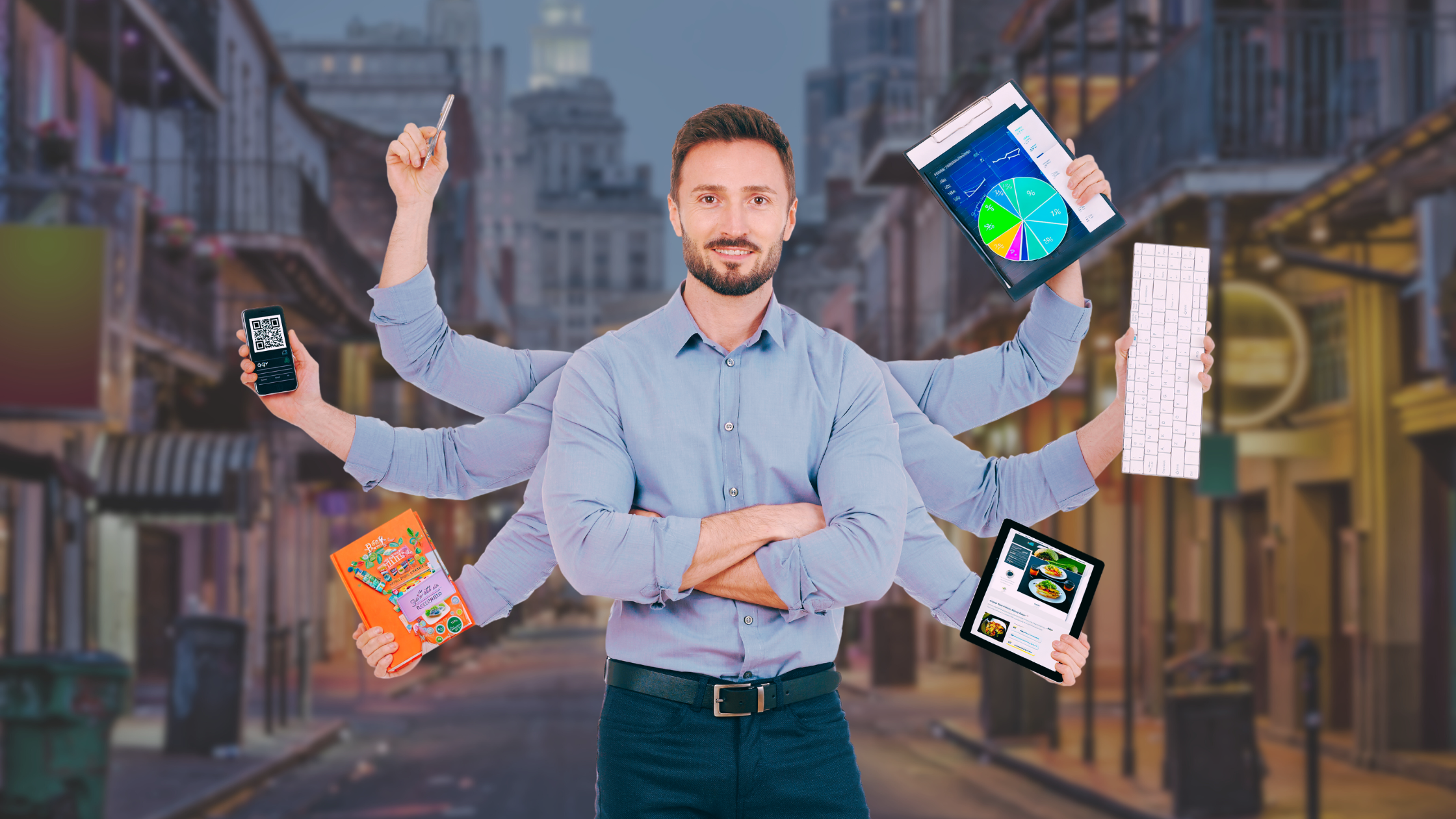 A restaurant owner with six arms, each holding a different device