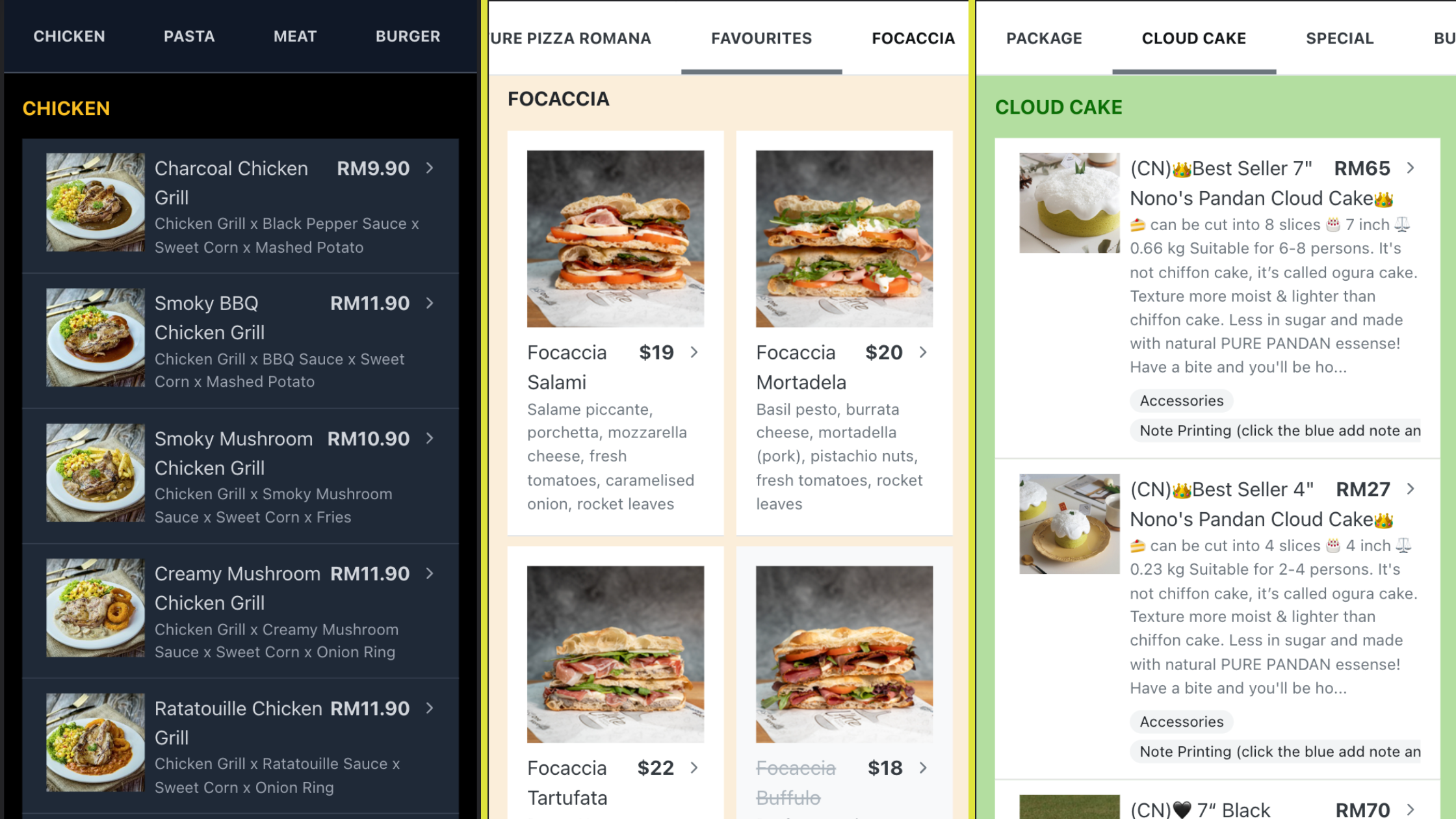 Different restaurants' ordering sites