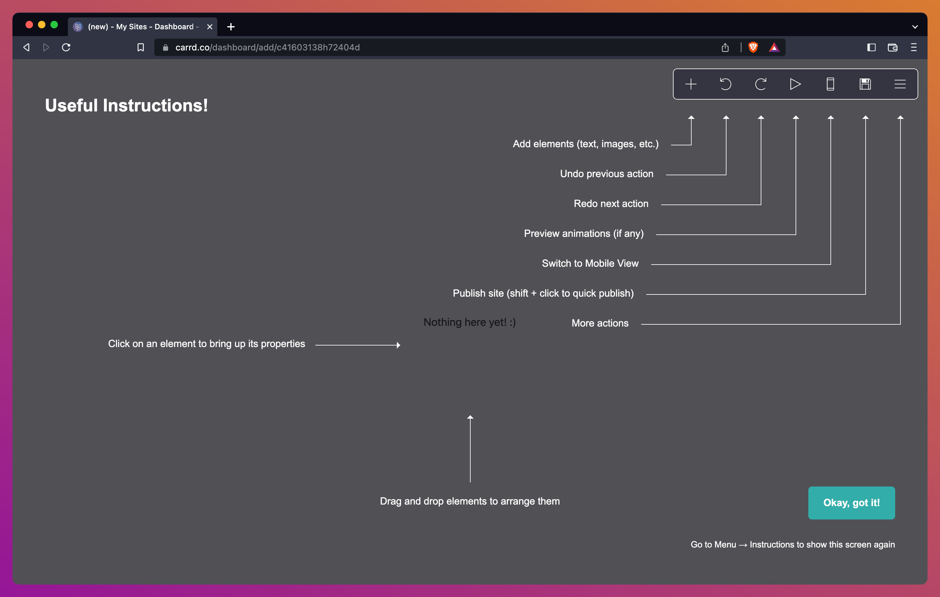 Carrd starting page with useful instructions