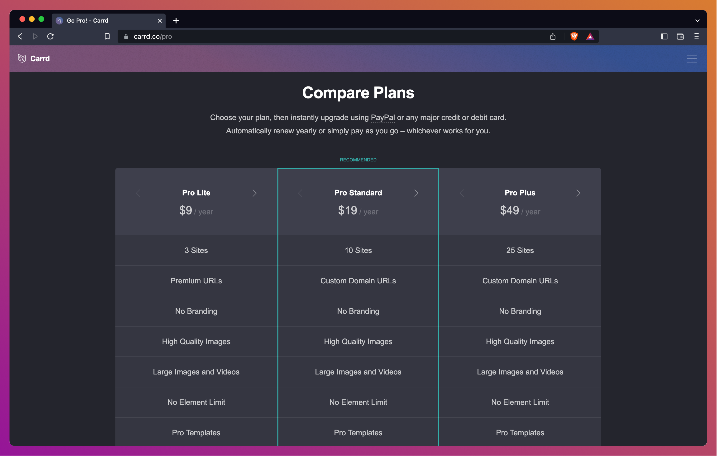 Carrd pricing page