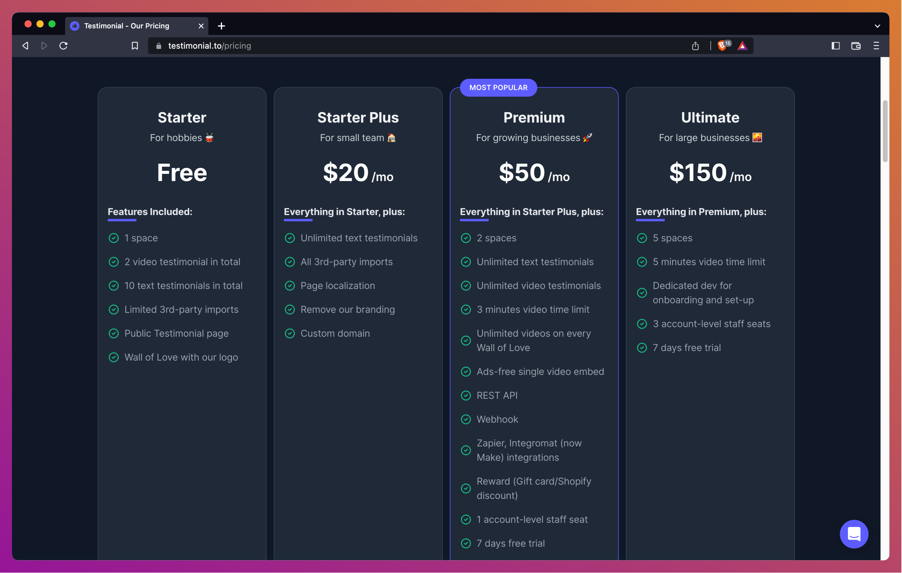 Testimonial pricing page